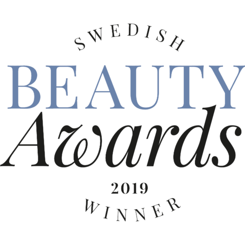 Een logo met de woorden 'Swedish Beauty Awards 2019 Winner' in een stijlvolle lettertype, met 'Beauty' in blauw.