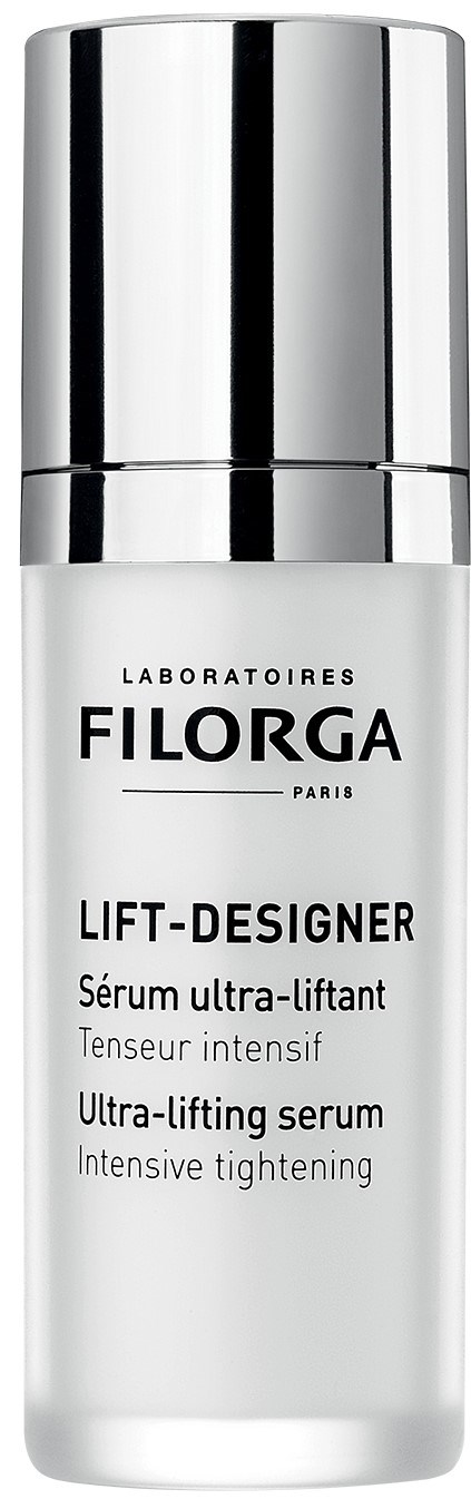 Eine weiße Flasche mit silberner Kappe, beschriftet 'Filorga Lift-Designer Ultra-Lifting Serum' für Straffung.