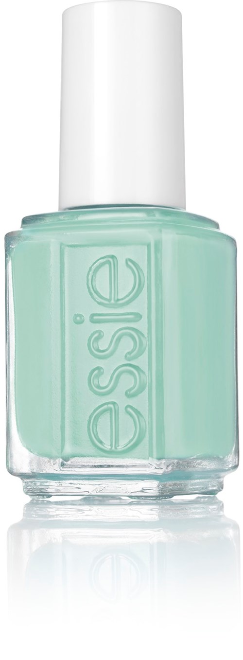 En flaska ljusgrön nagellack med vit kork, märkt 'essie'.