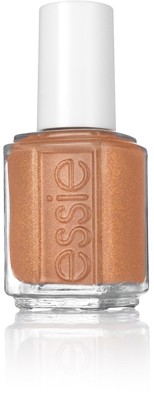 En flaska nagellack i beige med vit lock, med varumärket 'essie' stämplat på flaskan.