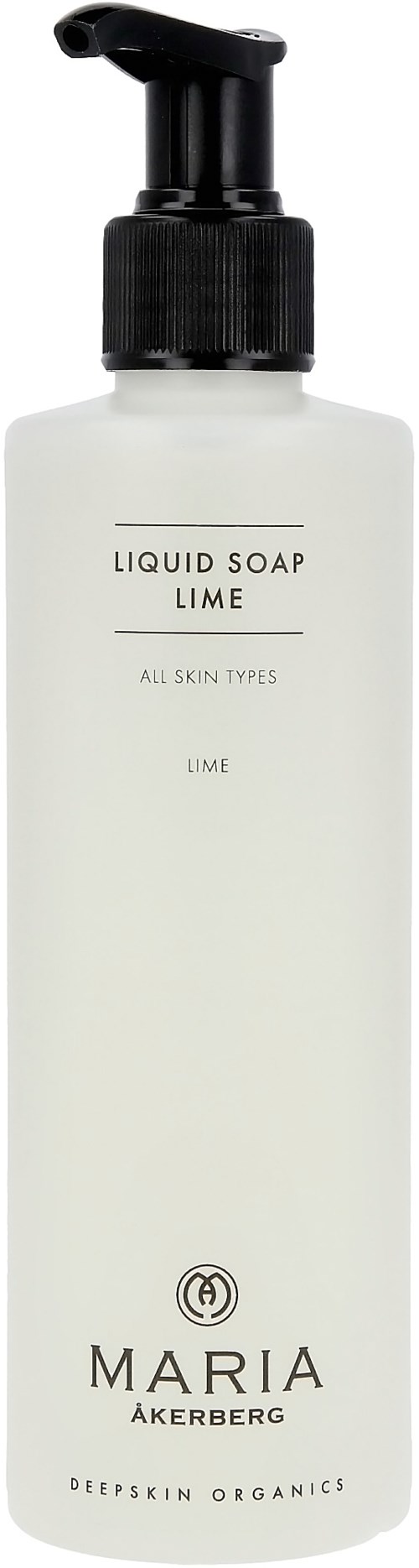Een witte fles met een zwarte pomp, gelabeld 'Liquid Soap Lime' voor alle huidtypen, merk 'Maria Åkerberg.'