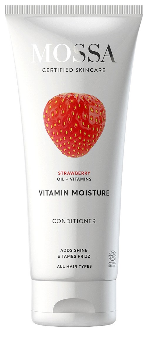 Witte tube van Mossa aardbeienconditioner met een afbeelding van een aardbei en tekst over vocht en glans.