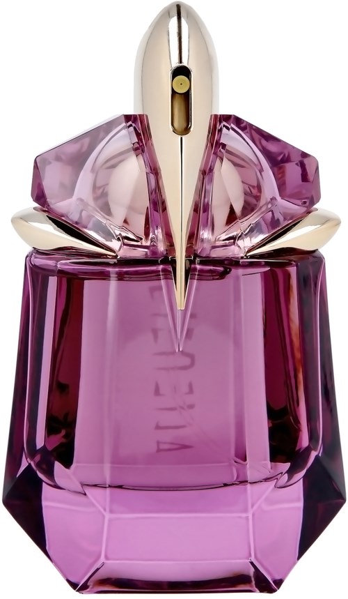 En parfyllf pumpflaska med rosa-lila glas och guldsilver-detaljer som liknar en fågel.