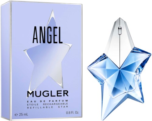 Angel Mugler parfymeflaske formet som en blå stjerne og emballasjeboksen.