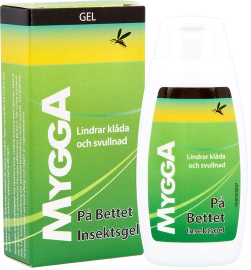 Insect spray bottle and box with green, yellow, black colors, and a dragonfly, for relieving itching and swelling.