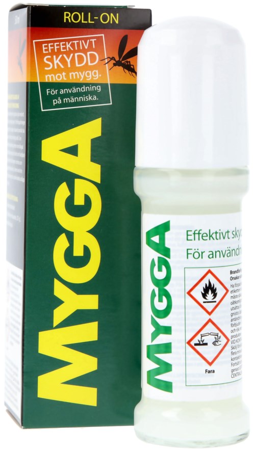 A roll-on insect repellent with front green and yellow label, and a box showing it protects against mosquito bites.