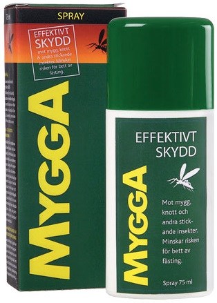 A green and white spray container with text, and a box showing insect protection for skin.