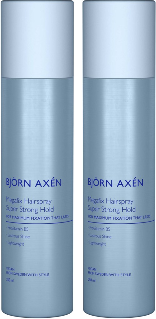 Zwei blaue Flaschen mit Björn Axén Megahair Hairspray, starker Halt und Glanz.