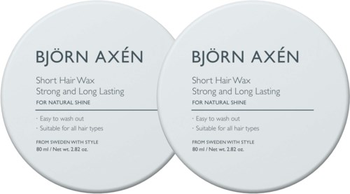 Twee ronde haarwax-verpakkingen met witte labels met merk, productinformatie en voordelen.