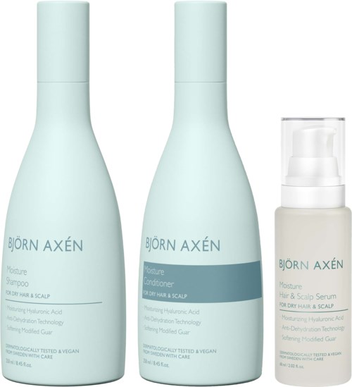 Drei Flaschen Haarpflegeprodukte, einschließlich Shampoo, Conditioner und Kopfhautserum, mit hellblauem und weißem Design.
