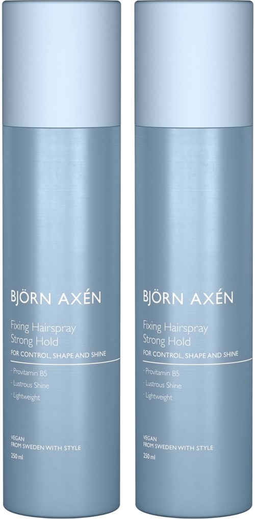 Zwei hellblaue Sprühflaschen mit der Aufschrift Björn Axén, für Haarstyling und Glanz.