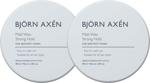 Zwei runde Behälter mit Björn Axén Matt Wax mit starker Haftung, leicht auswaschbar, geeignet für alle Haartypen.
