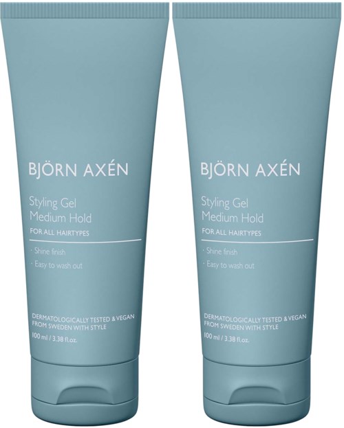 Twee blauwe tubes Björn Axén Styling Gel voor medium hold en glans. Ze bevatten elk 100 ml.
