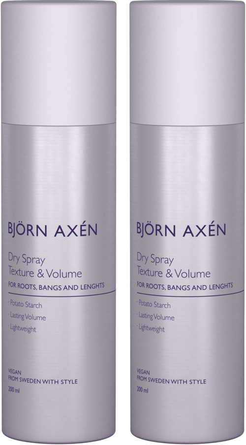 Twee flessen Bjorn Axén droogspray haarproduct voor wortels, bangs en lengtes. Witte flessen met paarse en zwarte tekst.