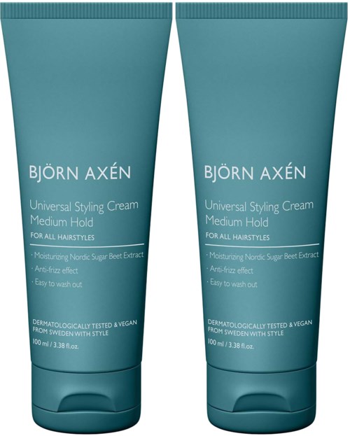 Zwei türkisfarbene Tuben mit Björn Axén Universal Styling Cream für mittleren Halt, geeignet für alle Frisuren, leicht auszuwaschen.