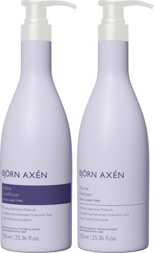 Two light purple bottles, one labeled shampoo and the other conditioner, with white pump tops for hair care.