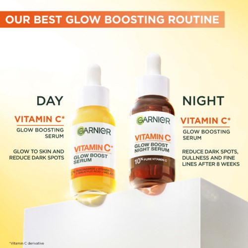 Zwei Flaschen Garnier Vitamin C Serum für Tag und Nacht, unterstützt die Haut, mindert dunkle Flecken und trübe Haut.