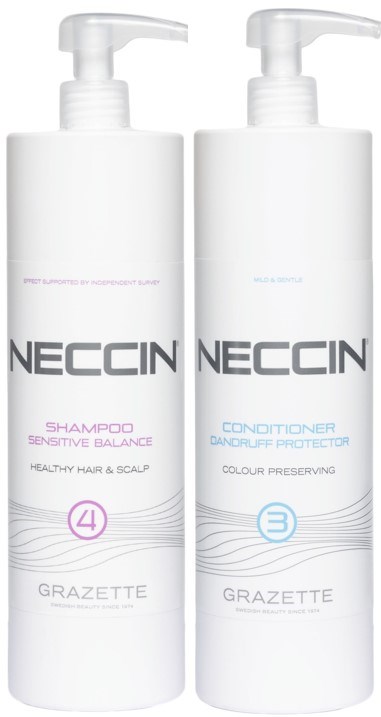Twee witte flessen Neccin shampoo en conditioner met pompdispenser. Shampoo voor gevoelige hoofdhuid, conditioner voor kleurbehoud.