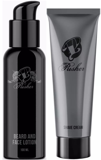 Two grooming products: a black bottle labeled 'Beard and Face Lotion' and a silver tube labeled 'Shave Cream.'