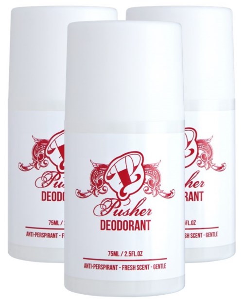 Drei weiße Deosticks mit roten dekorativen Text und Design, gekennzeichnet Pusher, jeweils 75 ml.