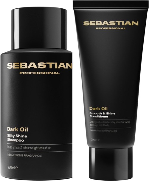 Two black hair products, a shampoo and conditioner, with gold text, designed for shiny, smooth hair.