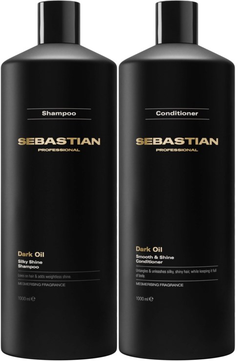 Two black bottles labeled Sebastian Dark Oil shampoo and conditioner, standing side by side, with gold and white text.