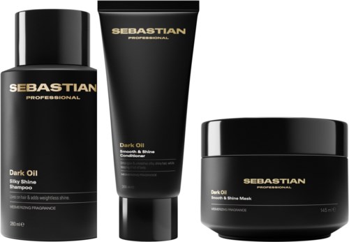 Drei schwarze Haarprodukte mit Sebastian Dark Oil, einschließlich Shampoo, Conditioner und Maske, alle mit goldener Schrift.
