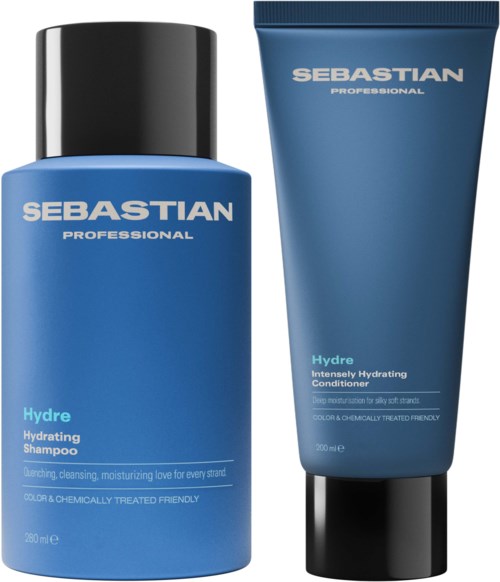 Blue bottles and tubes of Sebastian Hydre hair care products, labeled for shampoo and conditioner. Simple design, professional look.