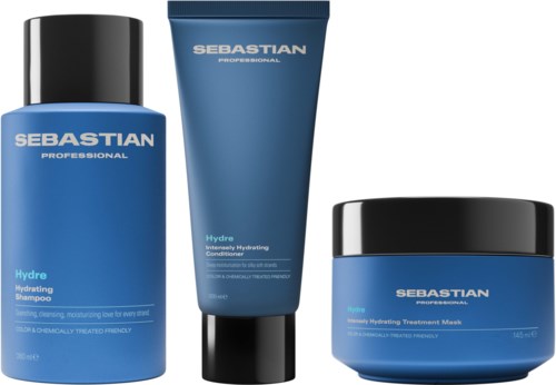 Three blue hair care products: shampoo, conditioner, and mask, all from Sebastian's Hydro line.