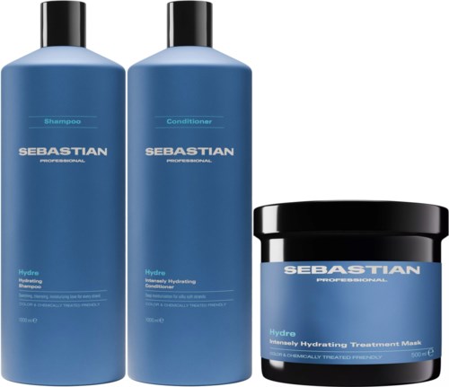 A set of blue hair care products: shampoo, conditioner, and a hydration treatment mask, all labeled 'Sebastian.'