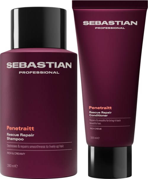 A shampoo and conditioner set in dark purple bottles labeled Sebastian Penetraitt for hair repair and smoothing.