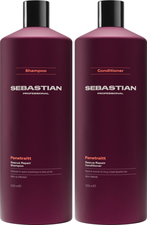 Two dark purple bottles labeled 'Shampoo' and 'Conditioner' for hair care, with brand name 'Sebastian' and 'Penaetritt' on each.