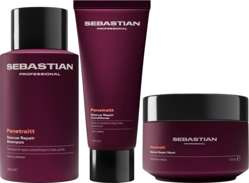 Three hair care products in purple bottles with black caps, including shampoo, conditioner, and mask.
