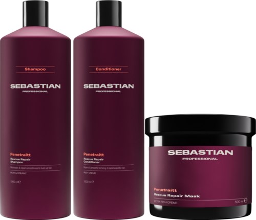 Three hair care products: shampoo, conditioner, and mask, all in purple bottles or jars with black caps or lids.