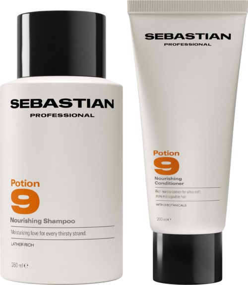 Zwei Haarpflegeprodukte: nährendes Shampoo und nährender Conditioner, beide mit Marke Sebastian und Potion 9.