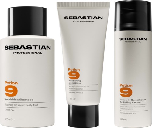 Drei Haarpflegeprodukte: Shampoo, Conditioner und Leave-in-Conditioner von Sebastian Potion 9.