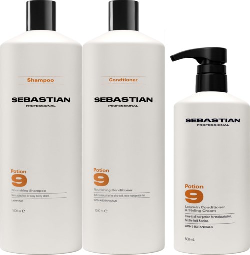 Drei weiße Flaschen Sebastian Potion 9 Haarpflegeprodukte, einschließlich Shampoo, Conditioner und Stylingcreme.