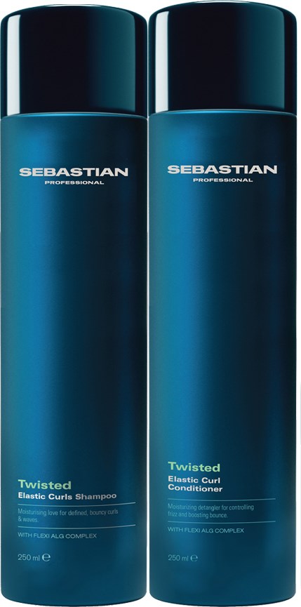 Två blå flaskor märkta Sebastian Twisted Elastic Curls Shampoo och Conditioner. De är långa och cylindriska.