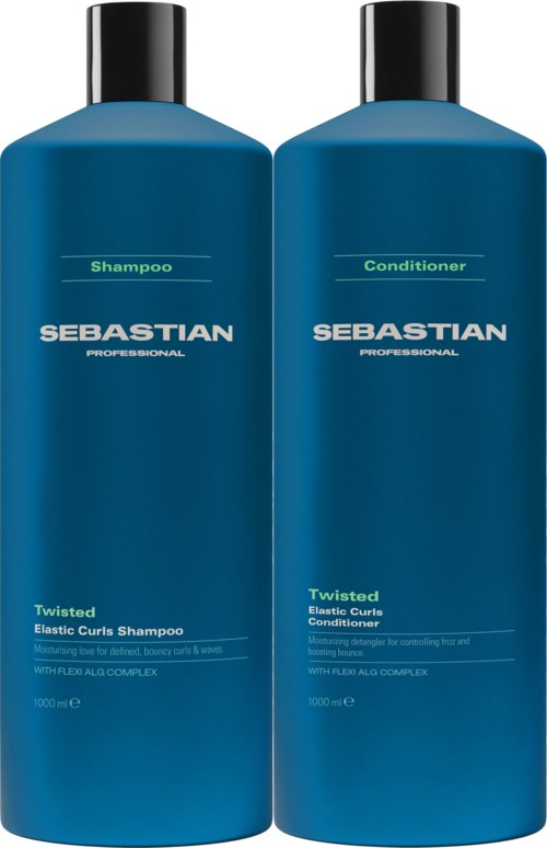 Två mörkblå flaskor märka schampo och balsam, från Sebastian Professional, för hårvård.