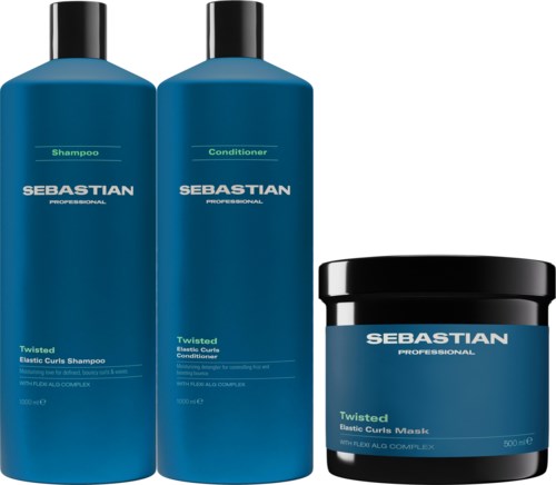 Tre blå hårvårdsprodukter: schampo, balsam och mask, alla märkta 'Sebastian' och 'Twisted Elastic Curls.'