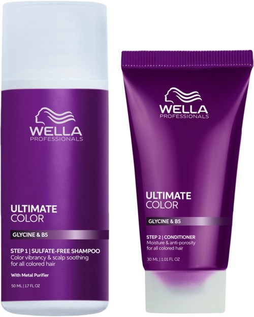 Twee paarse haarverzorgingsproducten van Wella Professionals: shampoo en conditioner, voor gekleurd haar, vocht en kalmerend.