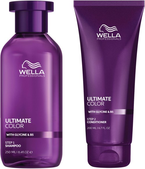 Purple shampoo and conditioner bottles with the Wella logo, labeled Ultimate Color, for hair care.