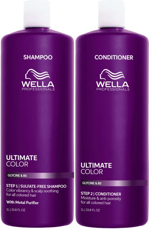 Twee paarse flessen van Wella Professionals haarproducten, één voor shampoo en één voor conditioner, met witte doppen.