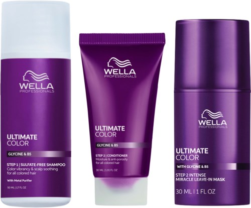 Three purple Wella hair care products: shampoo, conditioner, and leave-in mask, all part of Ultimate Color line.