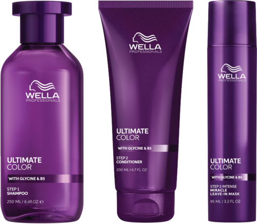 Three purple hair care products from Wella Professionals: shampoo, conditioner, and leave-in mask.