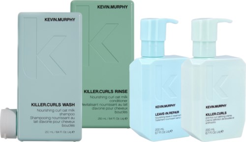 Haarpflegeprodukte wie Shampoo, Conditioner und Leave-in, alle von Kevin Murphy mit hellen Pastellverpackungen.
