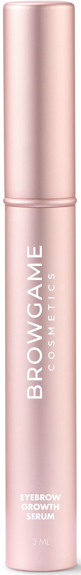 A pink tube labeled "Browgame Cosmetics" for eyebrow growth serum.