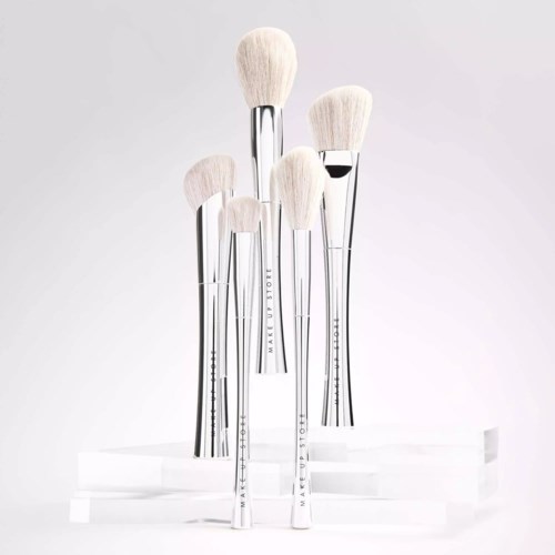 Set of five makeup brushes with white bristles and shiny silver handles displayed upright one on top of the other.