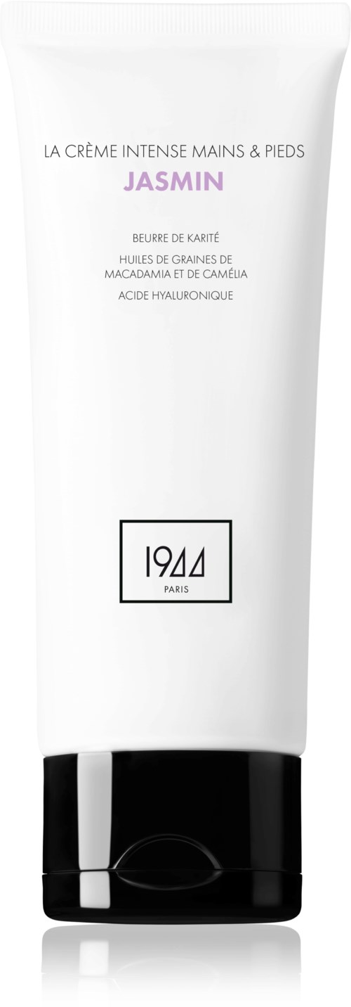 Eine weiße Tube mit schwarzem Deckel, beschriftet 'Jasmin' und '1944'-Logo, wahrscheinlich eine Hand- und Fußcreme.