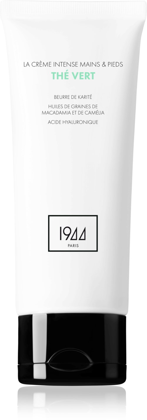 Witte tube met zwarte dop, label met groene en zwarte tekst, bevat hand- en voetcrème uit Parijs 1944.